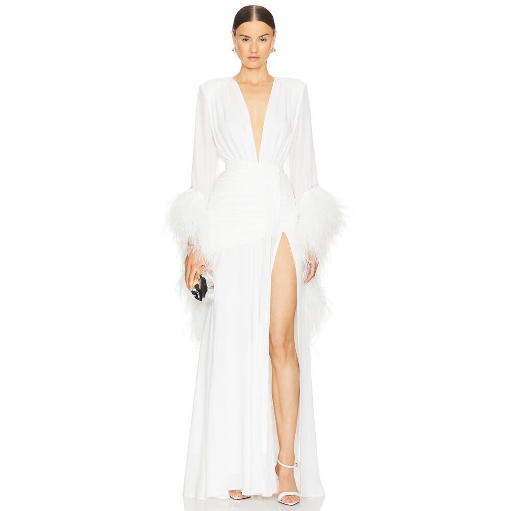 Bronx and Banco White Feather Cuff Plunge Maxi Dress